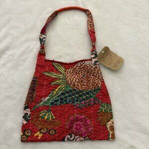 Hand Stitched Kantha Hobo Bag Red Floral Tropical Design